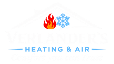 Verlander’s Heating & Air logo with house roof, flame and snowflake icons in navy, red, and light blue