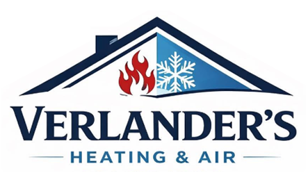 Verlander&rsquo;s Heating & Air logo with house roof, flame and snowflake icons in navy, red, and light blue