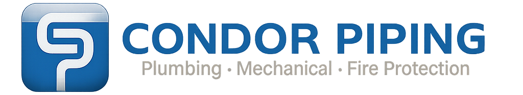 Condor Piping logo with blue icon and text, plus tagline &ldquo;Plumbing &middot; Mechanical &middot; Fire Protection&rdquo;