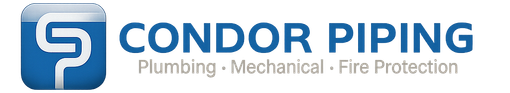 Condor Piping logo with blue icon and text, plus tagline &ldquo;Plumbing &middot; Mechanical &middot; Fire Protection&rdquo;