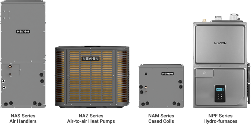 Navien air handler, air-to-air heat pump, cased coil, and hydro-furnace