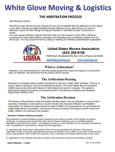 White Glove Moving & Logistics arbitration notice with USMA logo and dense black text on white background