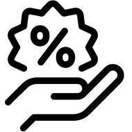 Black discount percent symbol above a hand icon, representing a special offer or savings.