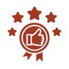 Badge with thumbs-up symbol and four stars, indicating excellent approval.