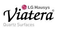 Logo for Viatera Quartz Surfaces by LG Hausys. Text in black and gray, with an LG logo.