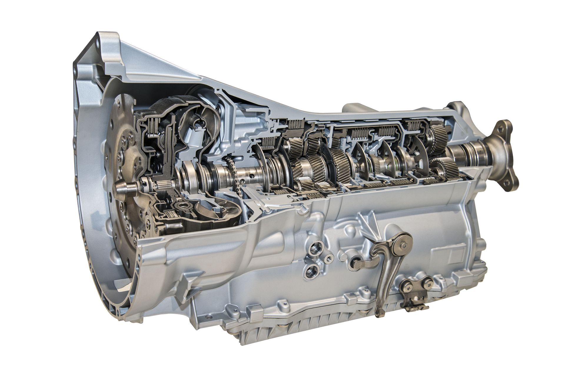 Cutaway view of a silver aircraft turbine engine showing internal components