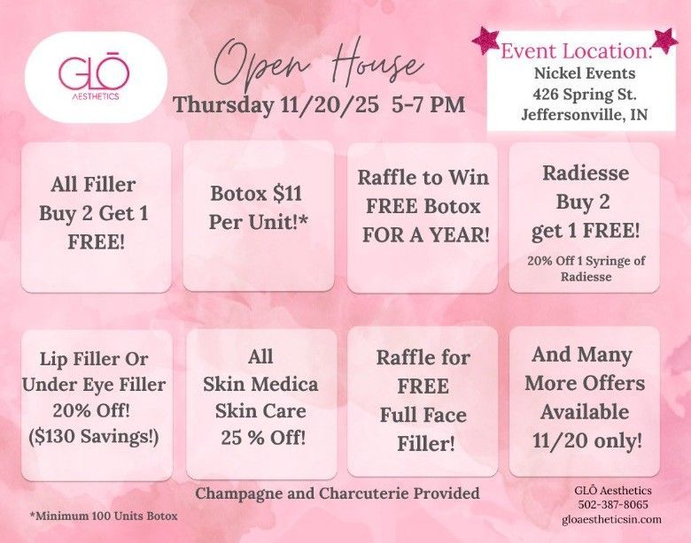 Open house flyer for GL Aesthetics with special offers on fillers, Botox, and skincare