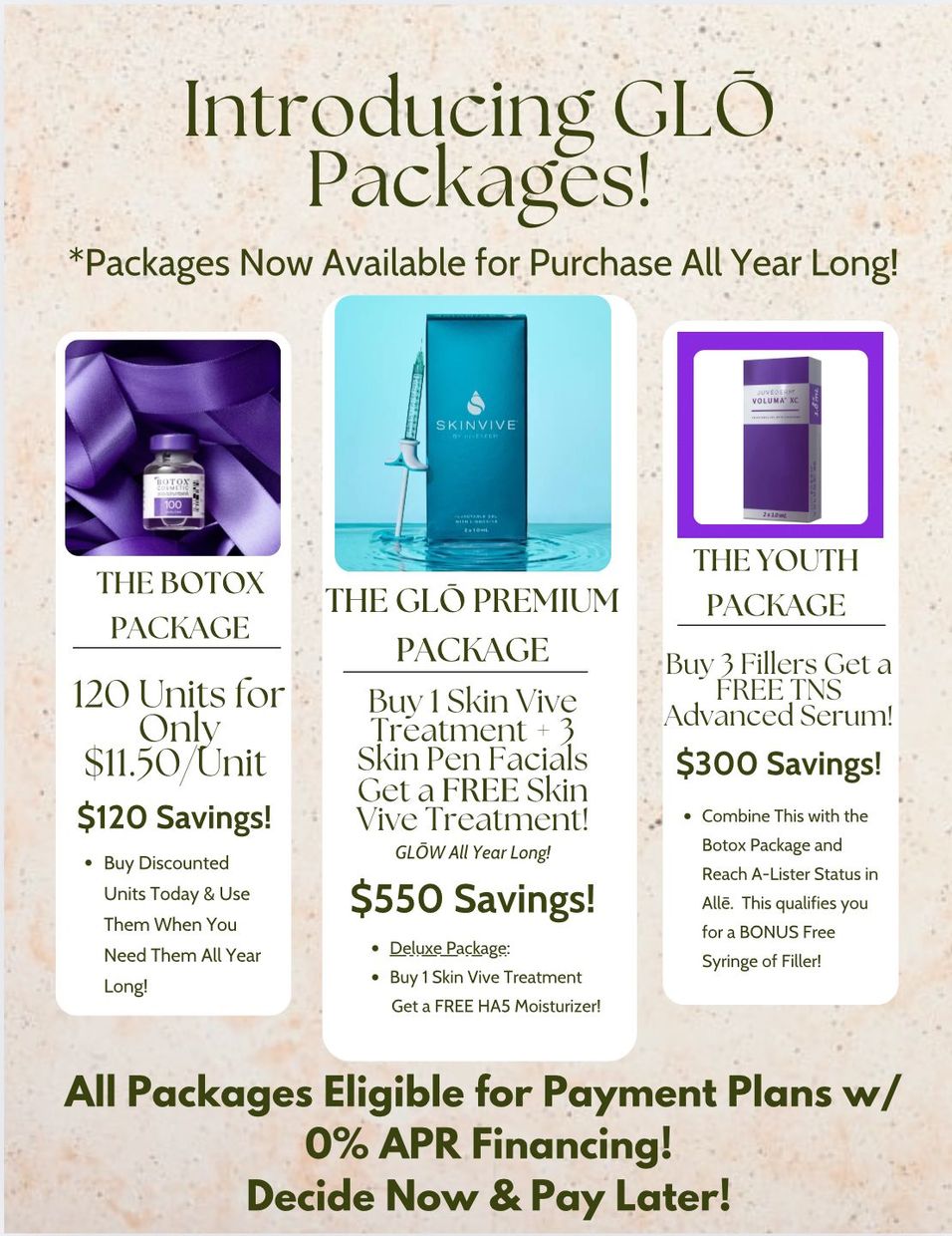 Advertisement for GLO packages: Botox, skin care treatments, and Youth package with payment plans.