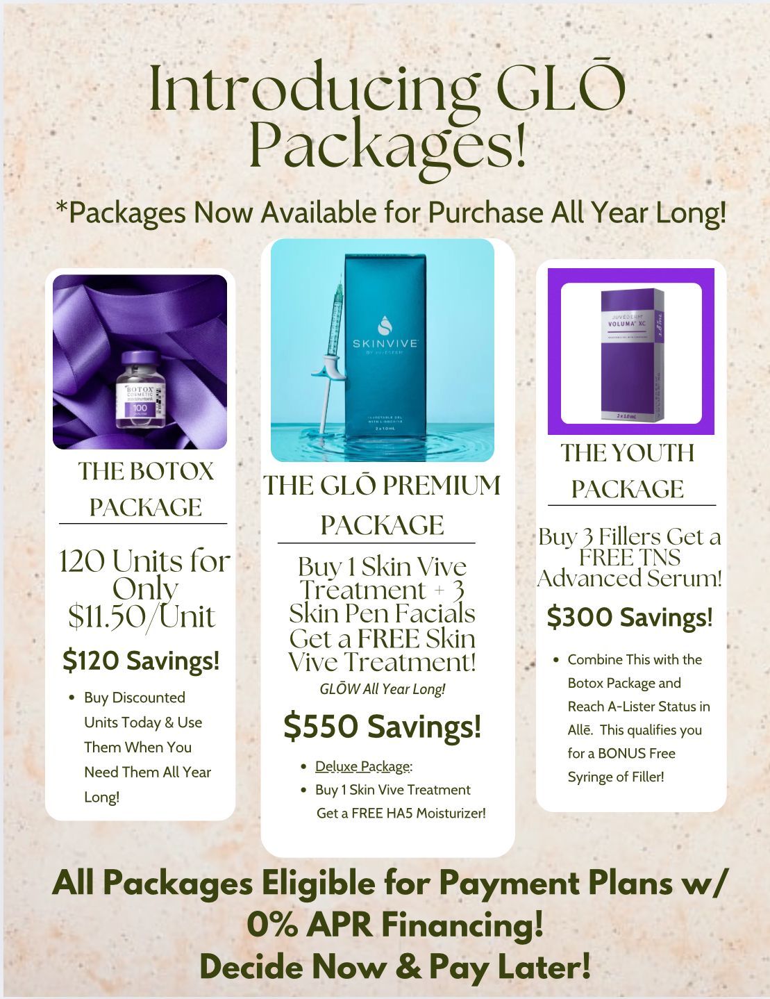 Advertisement for GLO packages: Botox, skin care treatments, and Youth package with payment plans.