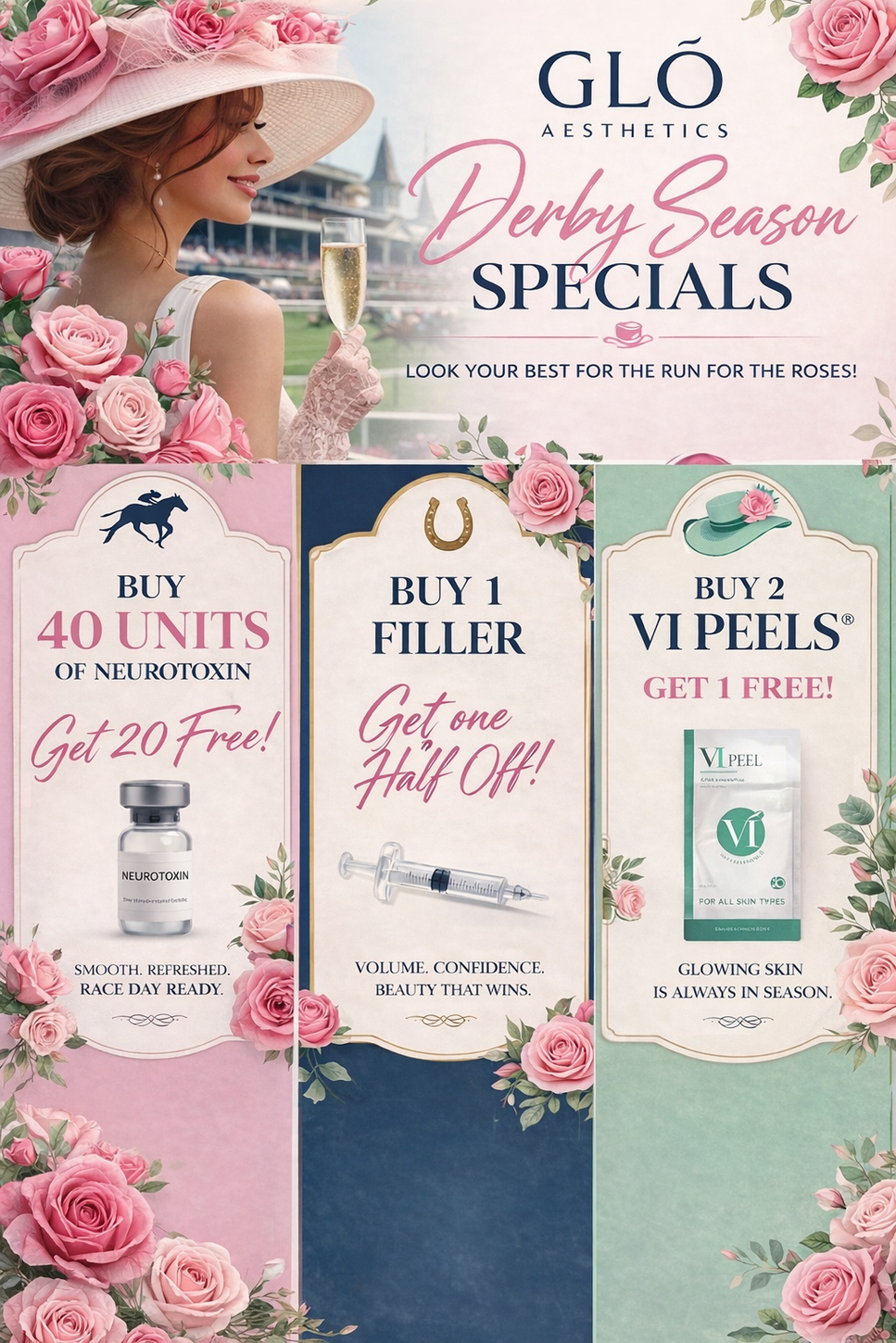 A promotional flyer for Gló Aesthetics listing three Derby Season cosmetic treatment specials decorated with pink roses
