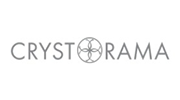 CRYSTORAMA logo in gray lettering with a circular crystal-style icon replacing the O