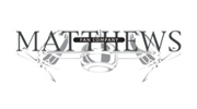 Stylized black-and-white MATTHEWS logo with a circular emblem and decorative lines