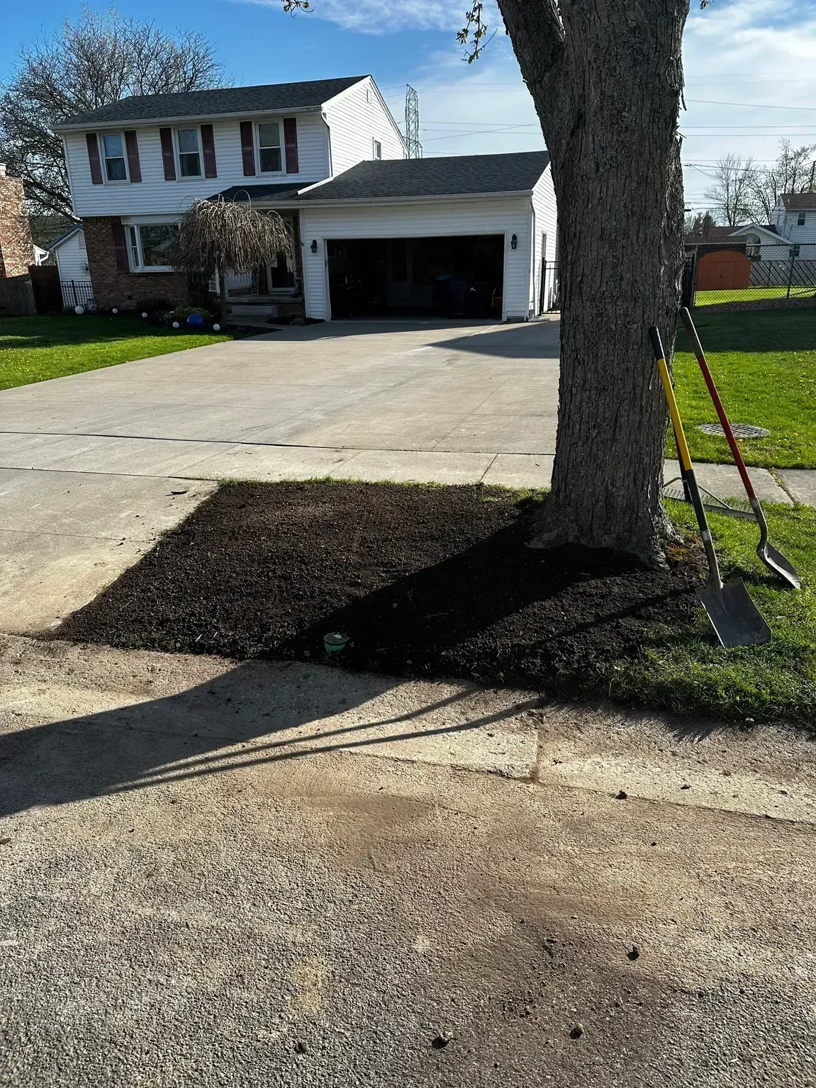 Suburban house with a driveway and a tree in the foreground, small ladder leaning at right.
