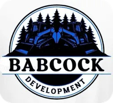 Babcock Development logo with black excavator silhouettes and pine trees in a circular blue-and-white design