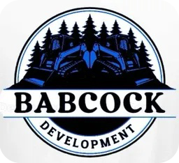Babcock Development logo with black excavator silhouettes and pine trees in a circular blue-and-white design