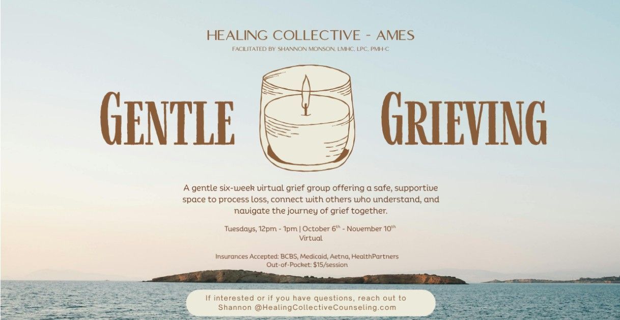 Pastel beach banner for Gentle Grieving by Healing Collective Ames, with ocean horizon and centered text.