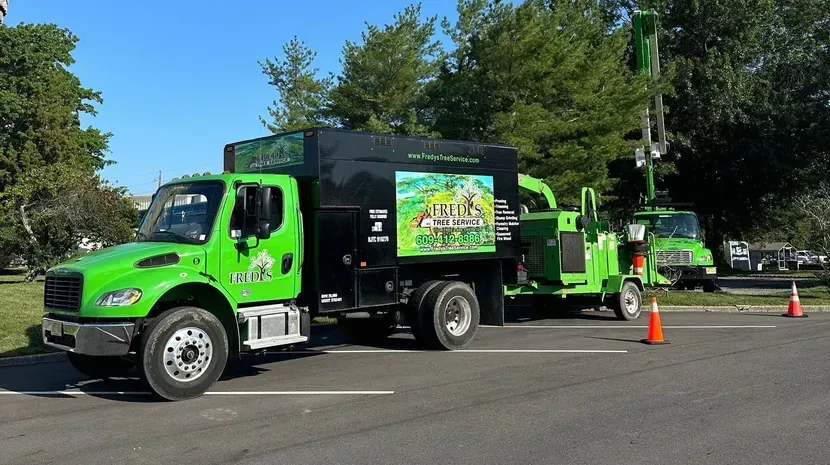 Bright green utility truck with black box body parked on a street, with another truck and traffic cones behind it.