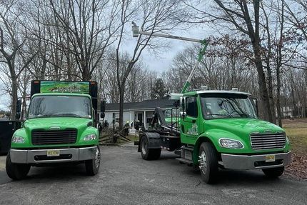 Two green utility trucks parked on a gravel lot under bare trees