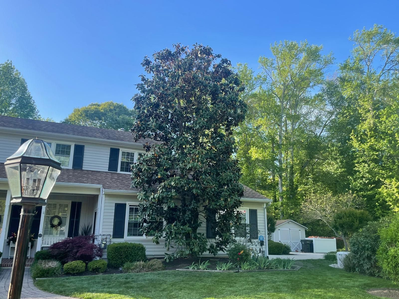 Suburban house with white columns, dark roof, and lush green trees under a blue sky