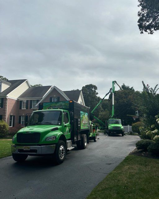 Bright green utility trucks parked on a suburban street under cloudy skies.