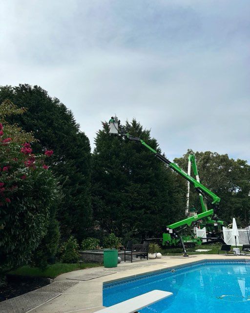 Green boom lift working beside a backyard swimming pool under an overcast sky