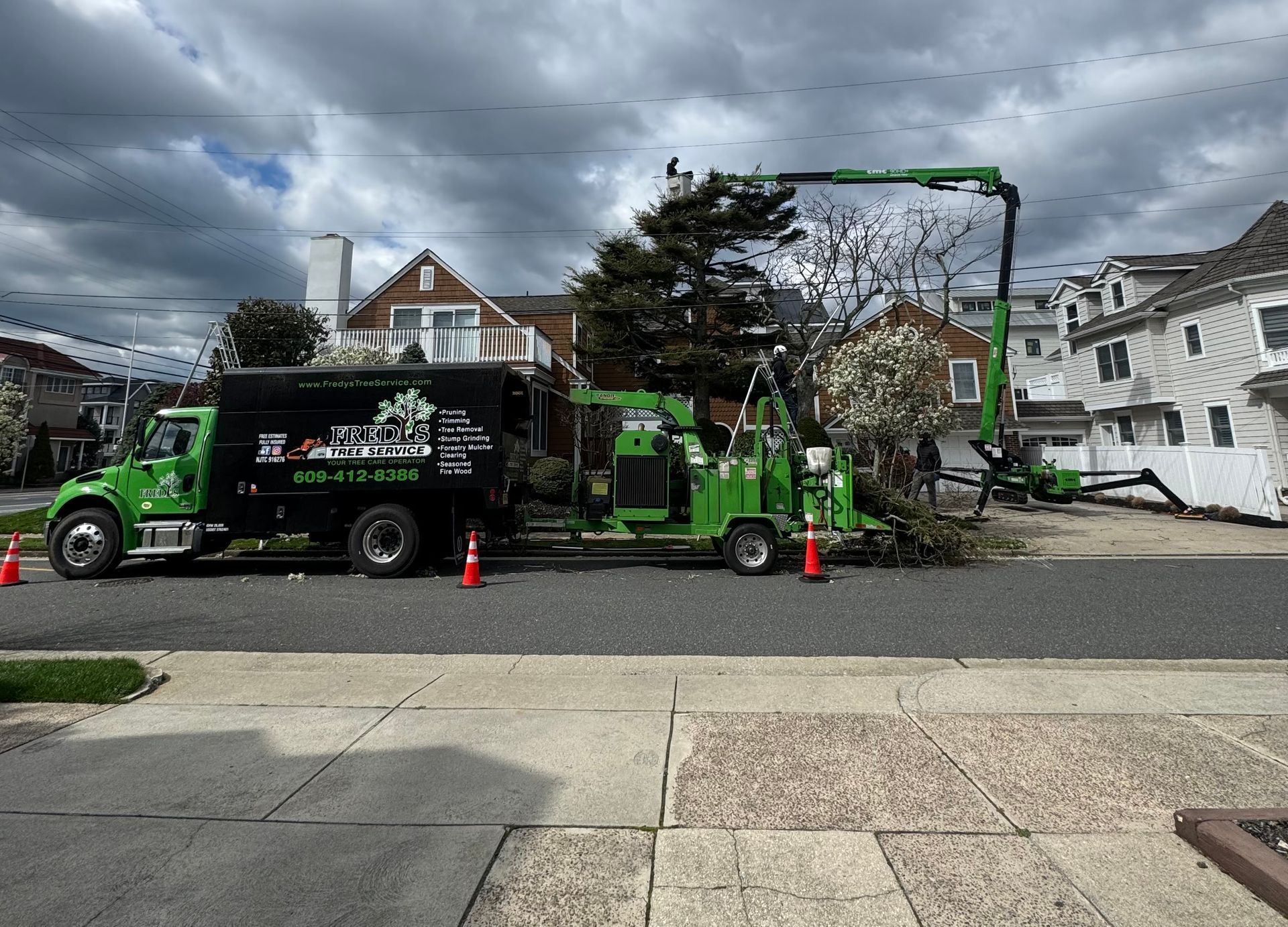 Green tree-trimming truck and cherry picker beside a fallen tree in a residential street under cloudy skies