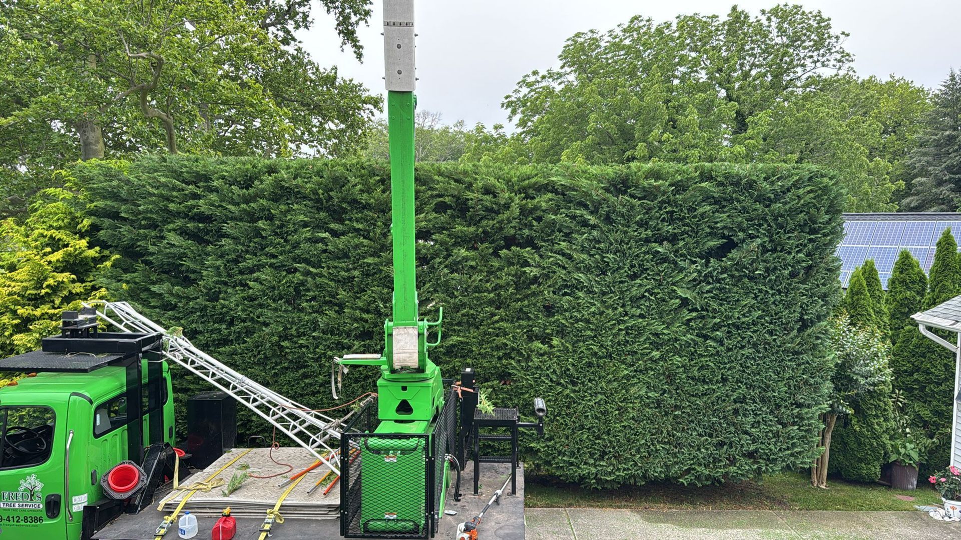 Green crane truck lifting a tall hedge panel beside a driveway under overcast skies