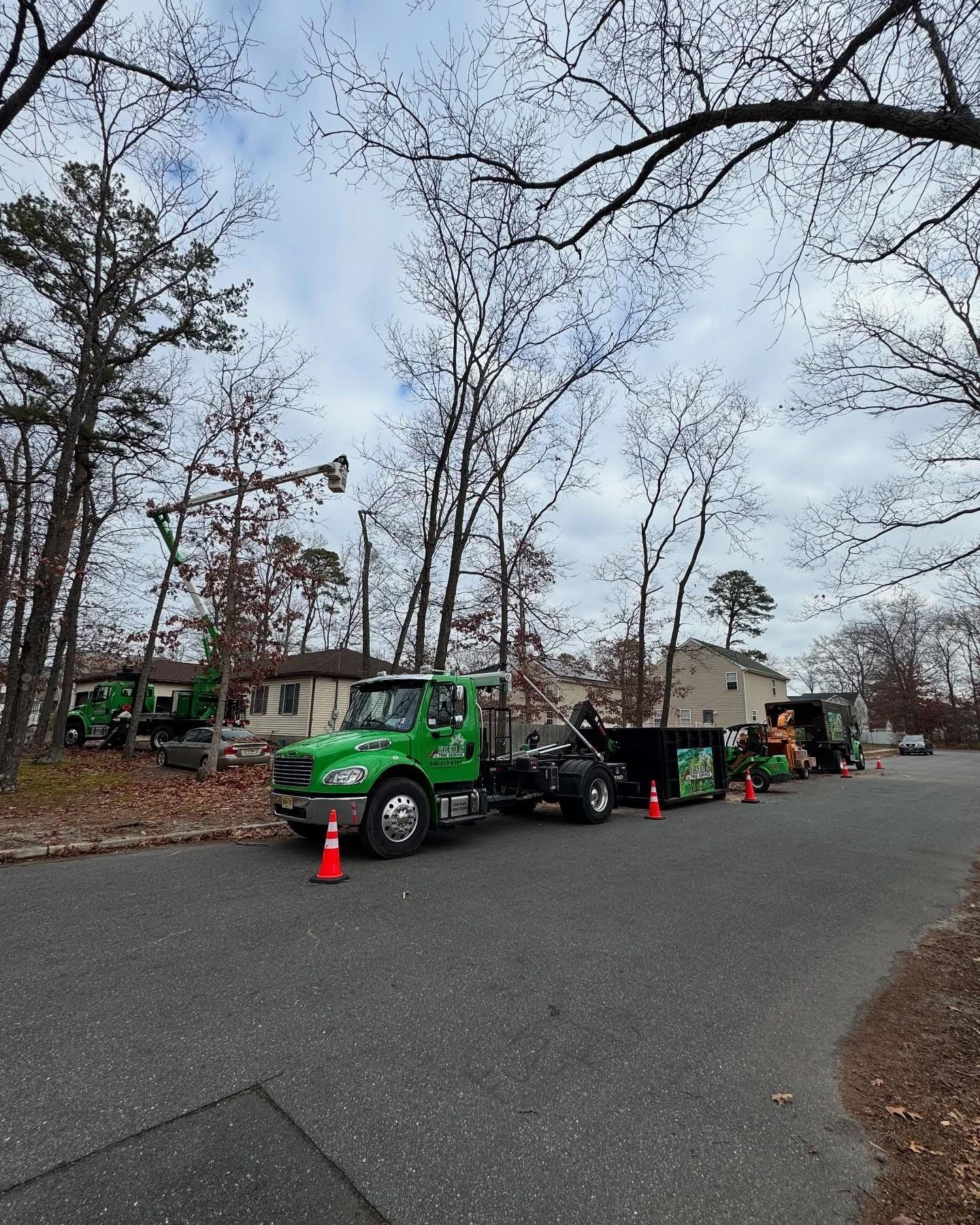 Green utility truck and work crew along a road with cones, tools, and leafless trees nearby
