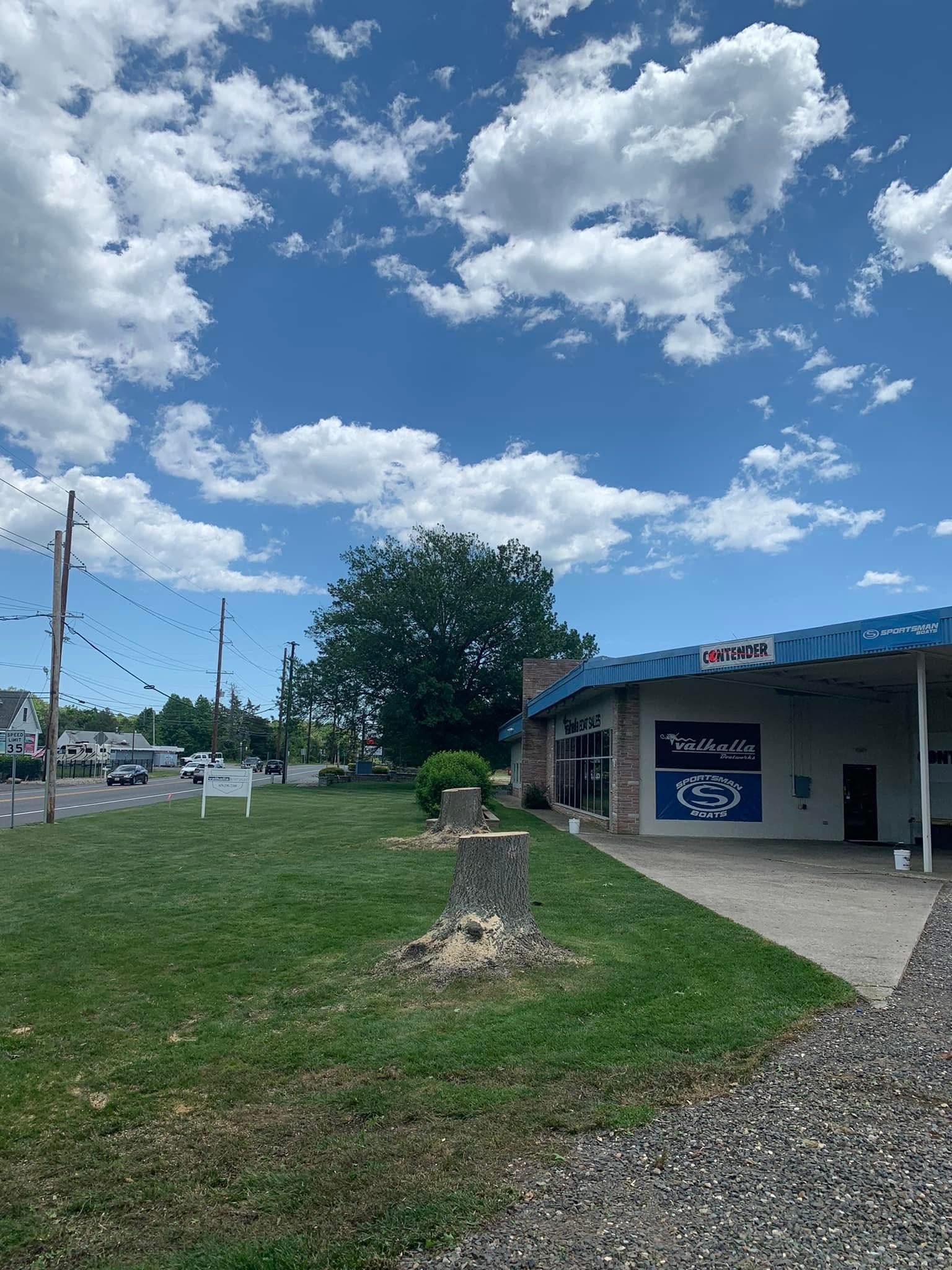 Grassy lot beside a small roadside building under a bright blue sky with scattered clouds.