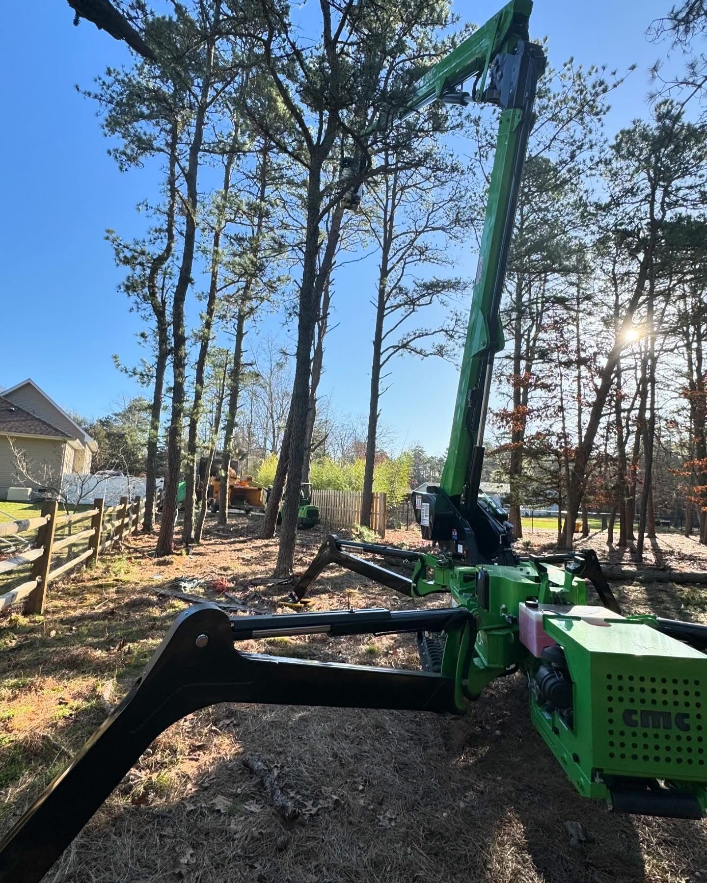 Green crane in a wooded yard lifting a tree trunk, with a house visible in the background.