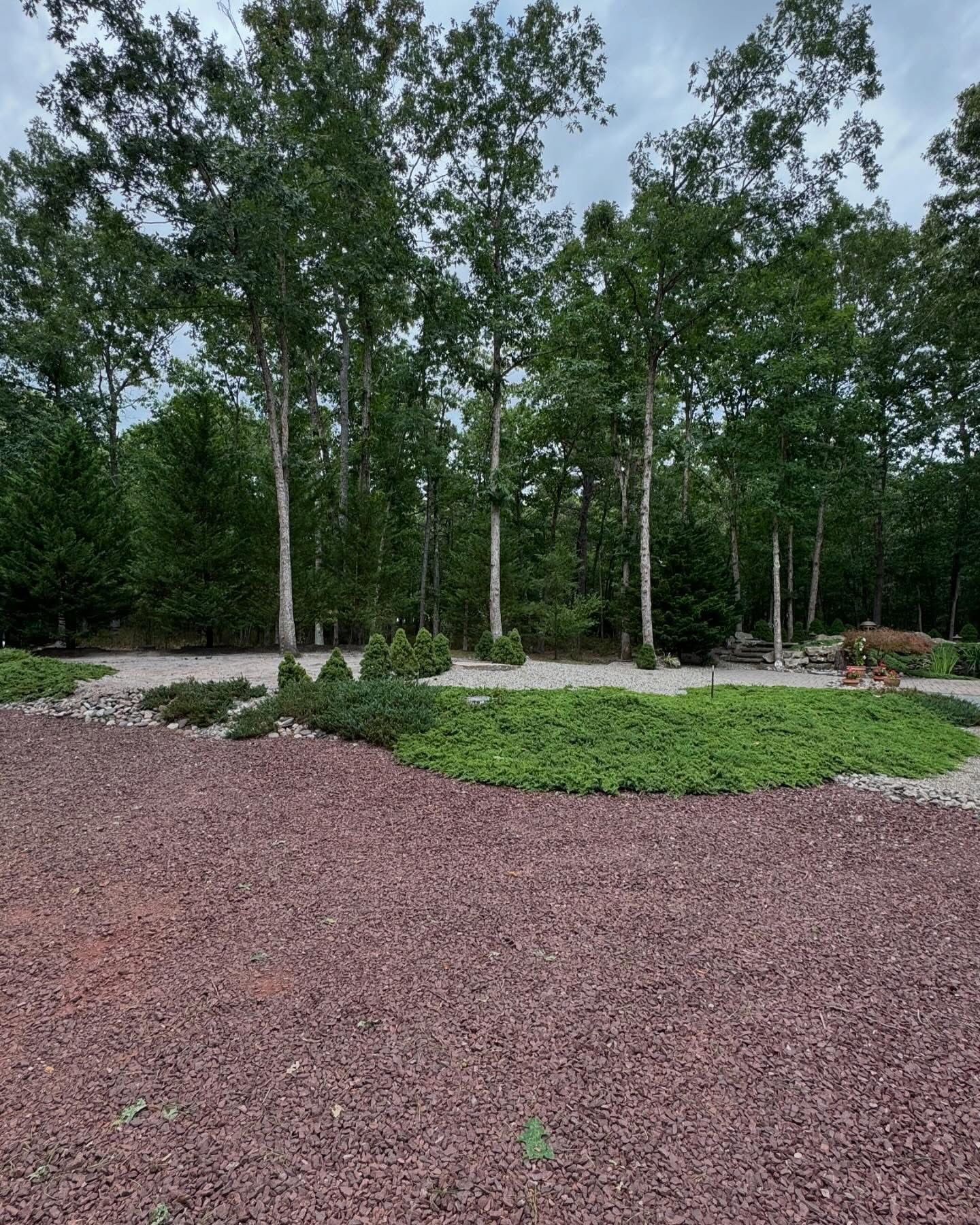 Landscaped yard with red gravel foreground, green shrubs, and tall trees in the background
