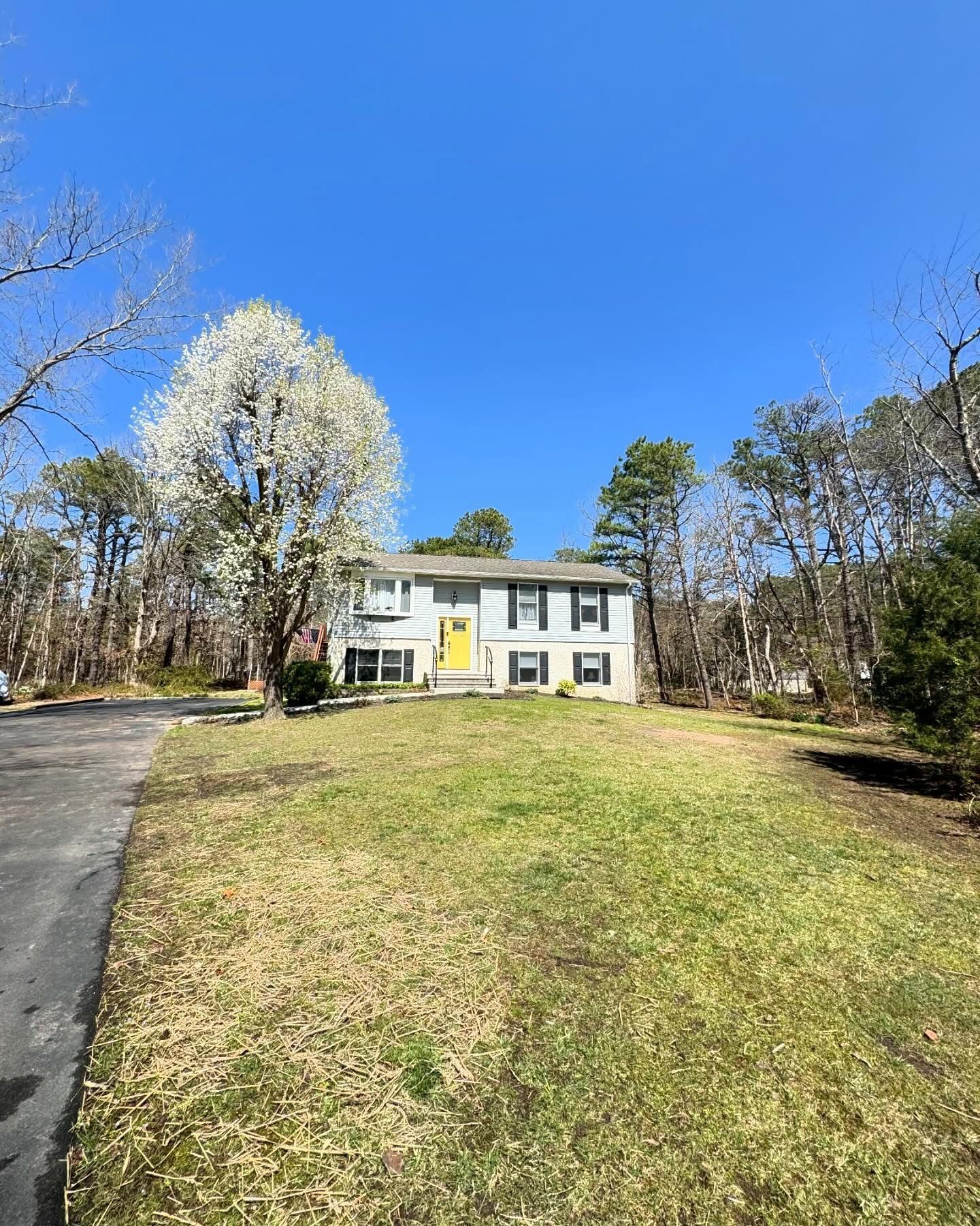 Two-story white house with yellow door on a grassy hill, framed by trees under a bright blue sky