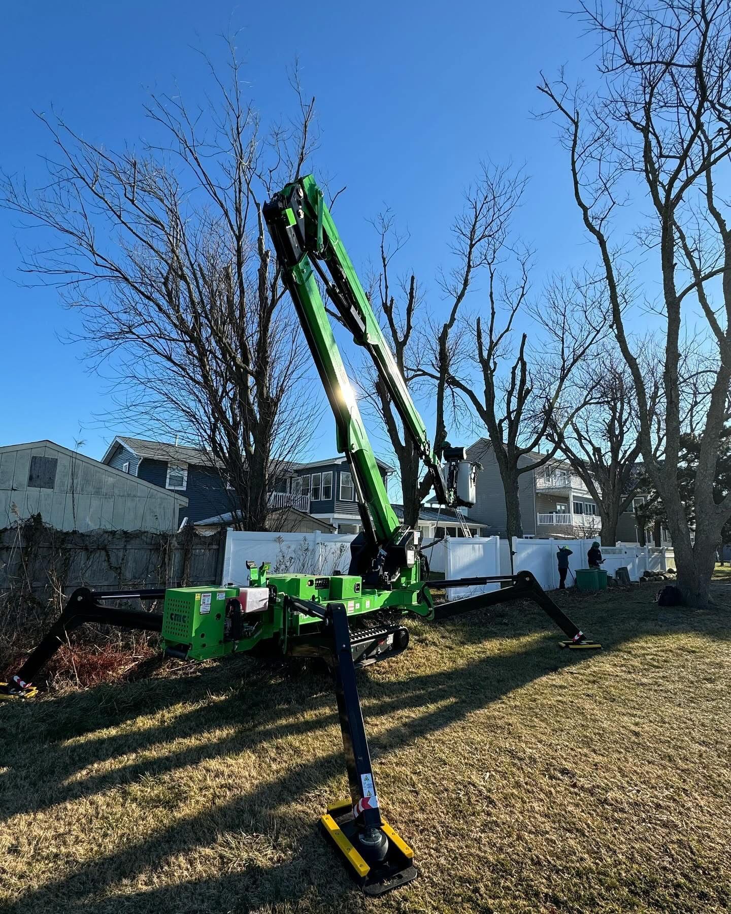 Green and black excavator lifting a long boom in a sunny yard with bare trees