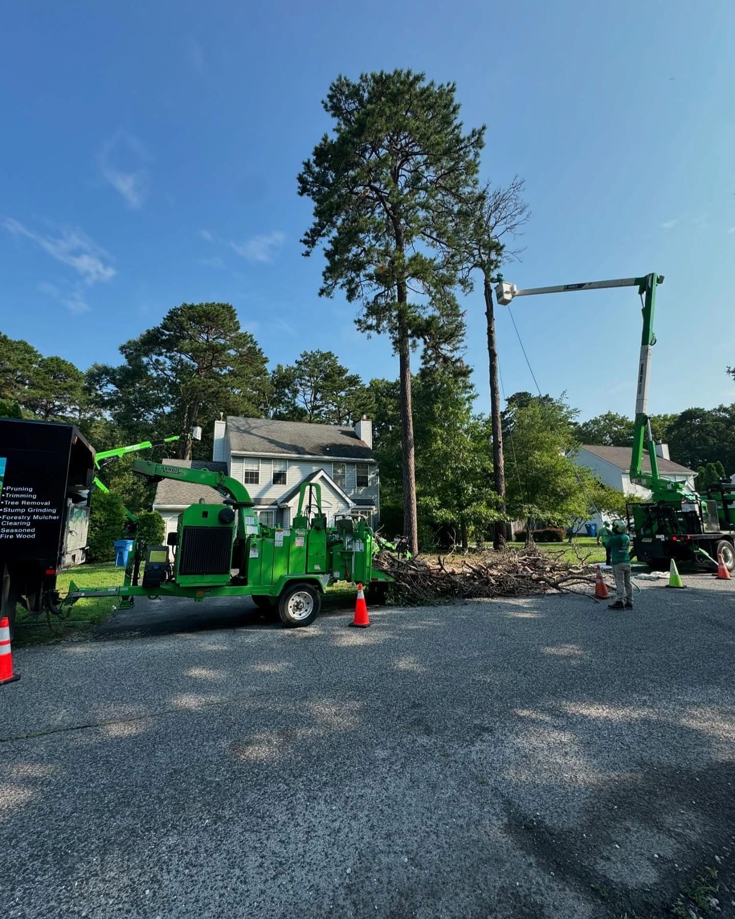 Tree removal crew with green lift trucks and cones on a gravel driveway near a house