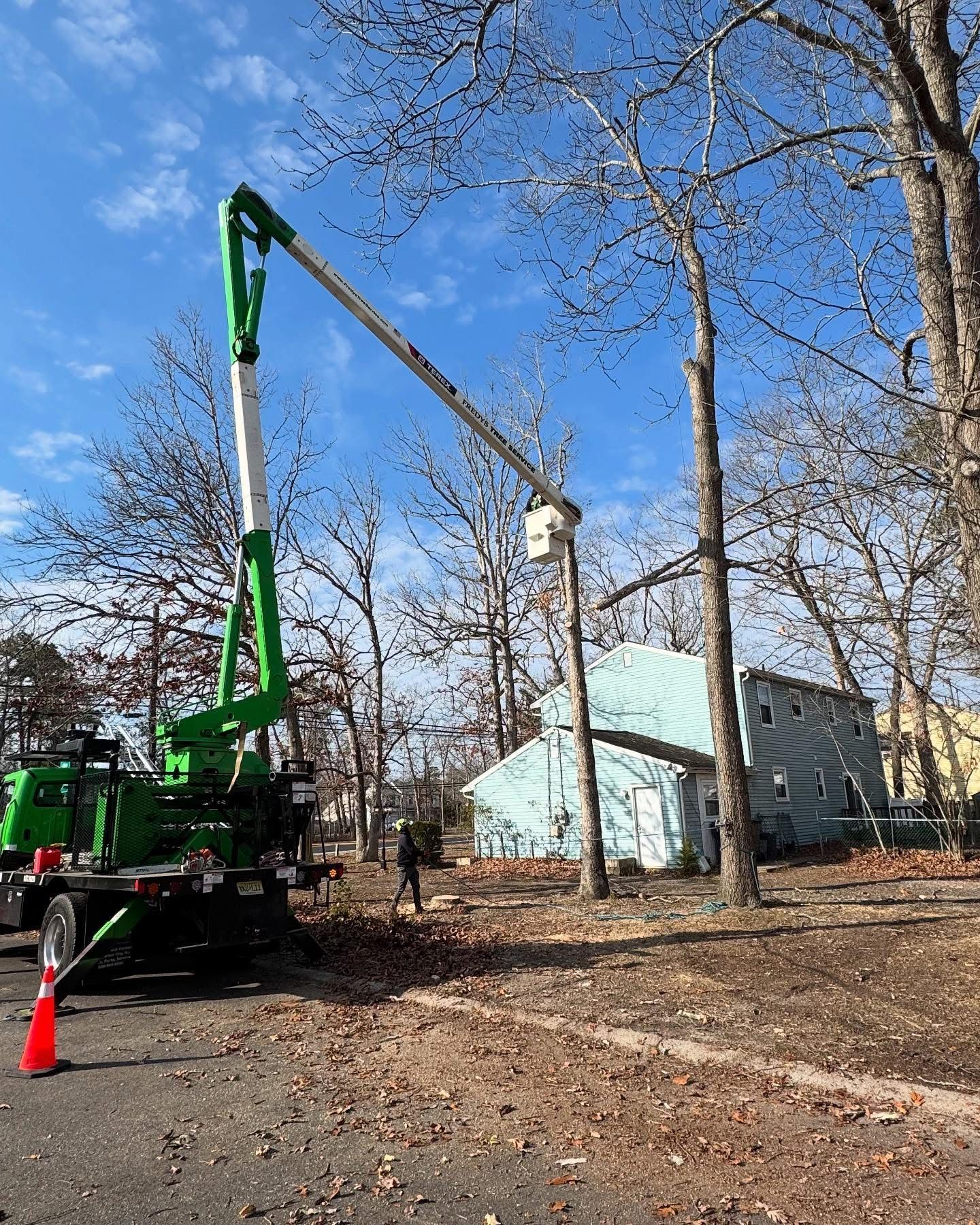 Green crane truck lifting a white bucket near a house in a wooded yard on a clear day