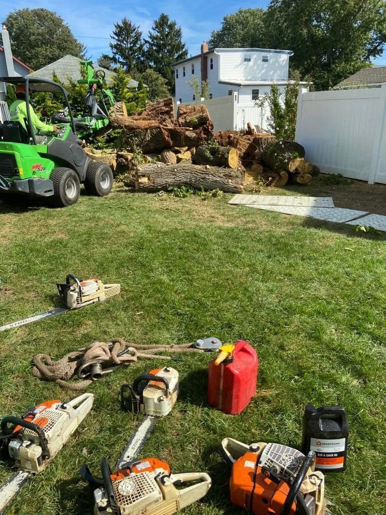 A yard with a skid steer and chainsaws, cut tree logs piled near a white fence.