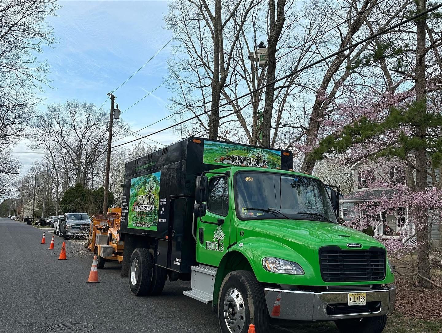 Green utility truck parked by roadside under trees, with traffic cones and cherry blossoms nearby.