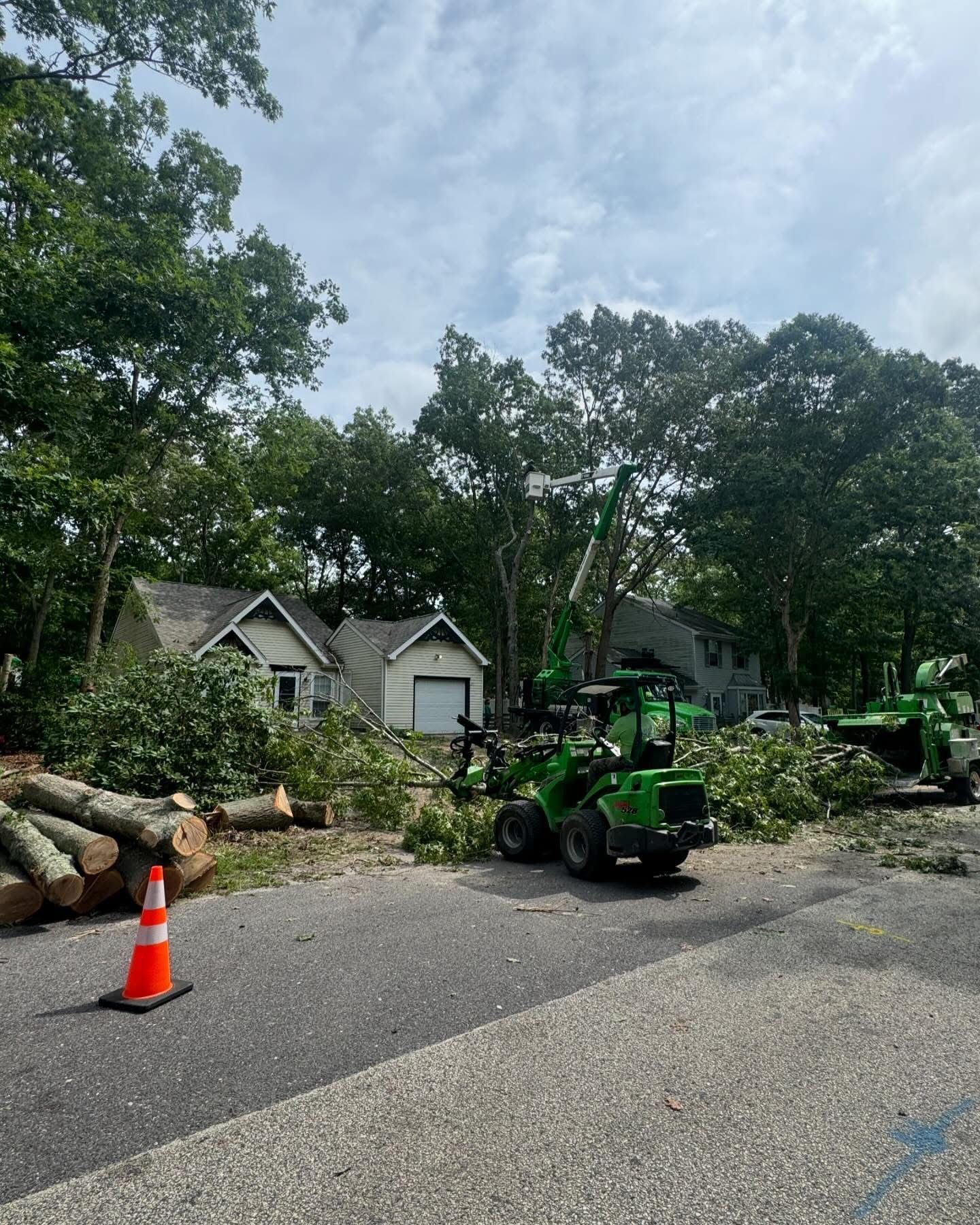 Green utility vehicle and fallen tree logs blocking a suburban street near houses and an orange cone