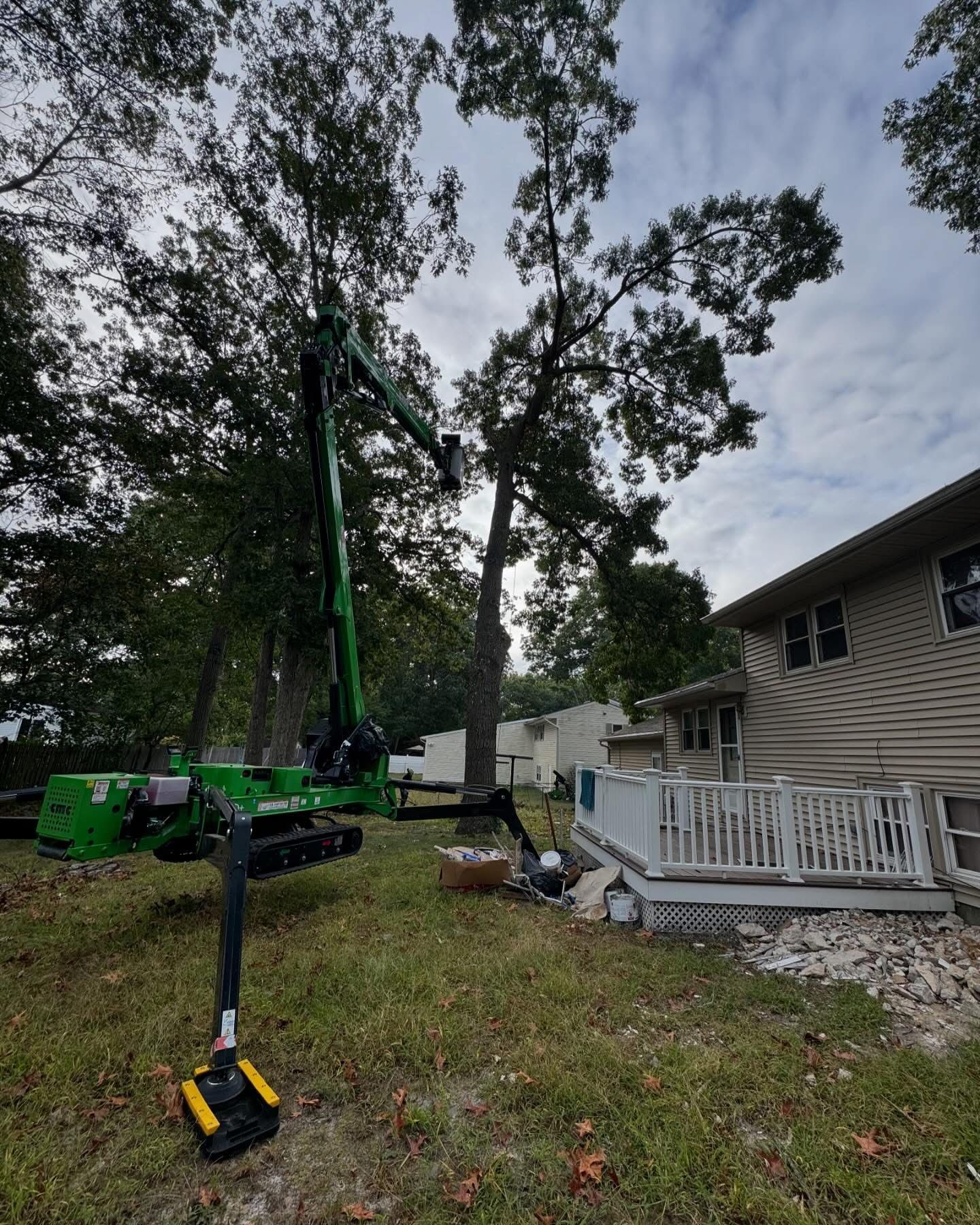 Green boom lift beside a house while workers trim a tall tree in the yard