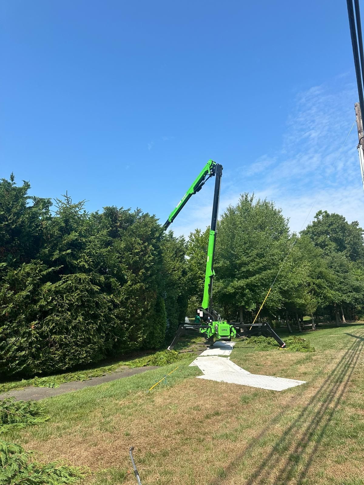 Green cherry picker lifting a worker in a blue sky over trees beside a grassy path