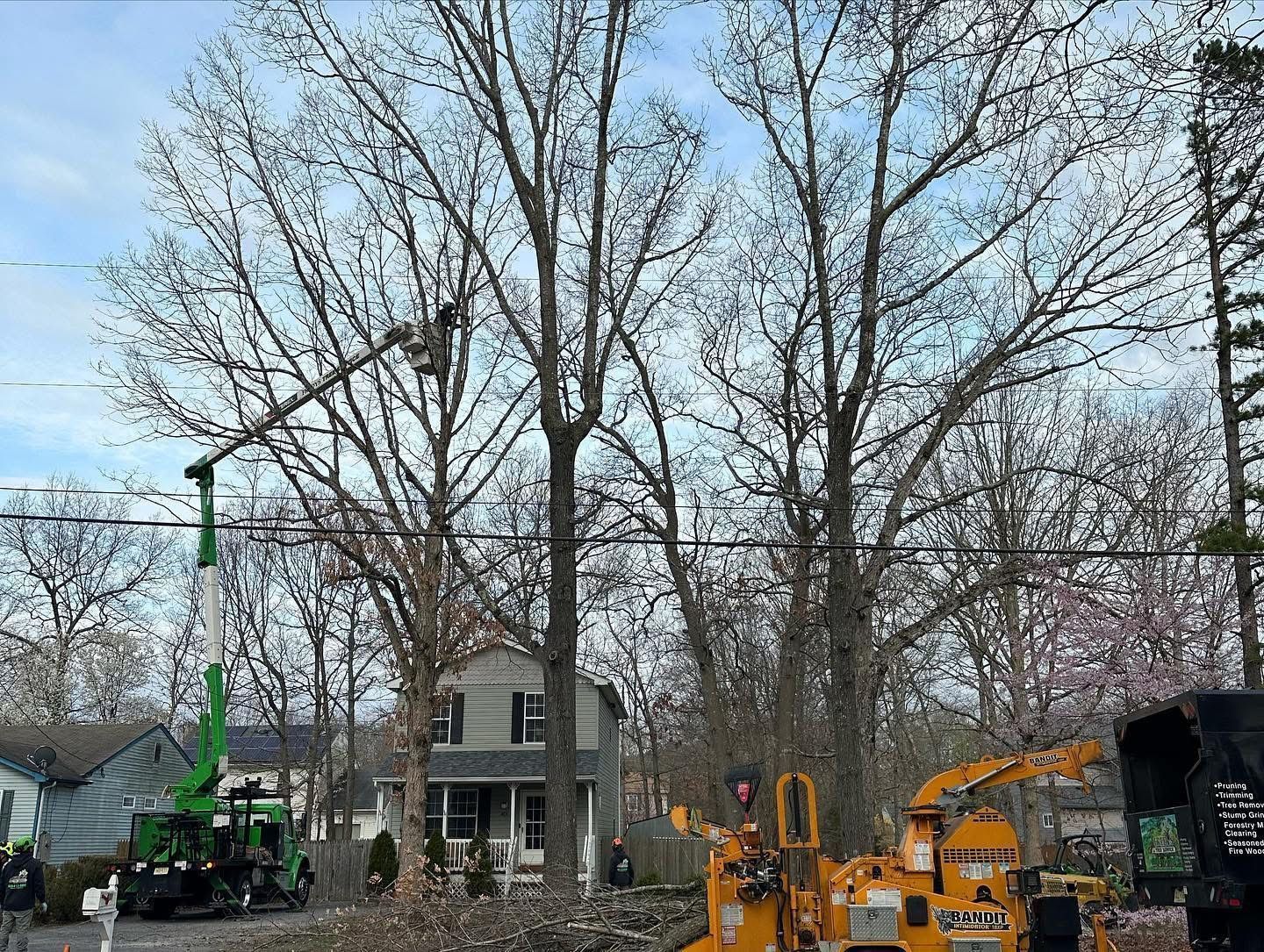 Construction equipment and workers around a house under tall leafless trees in a suburban yard