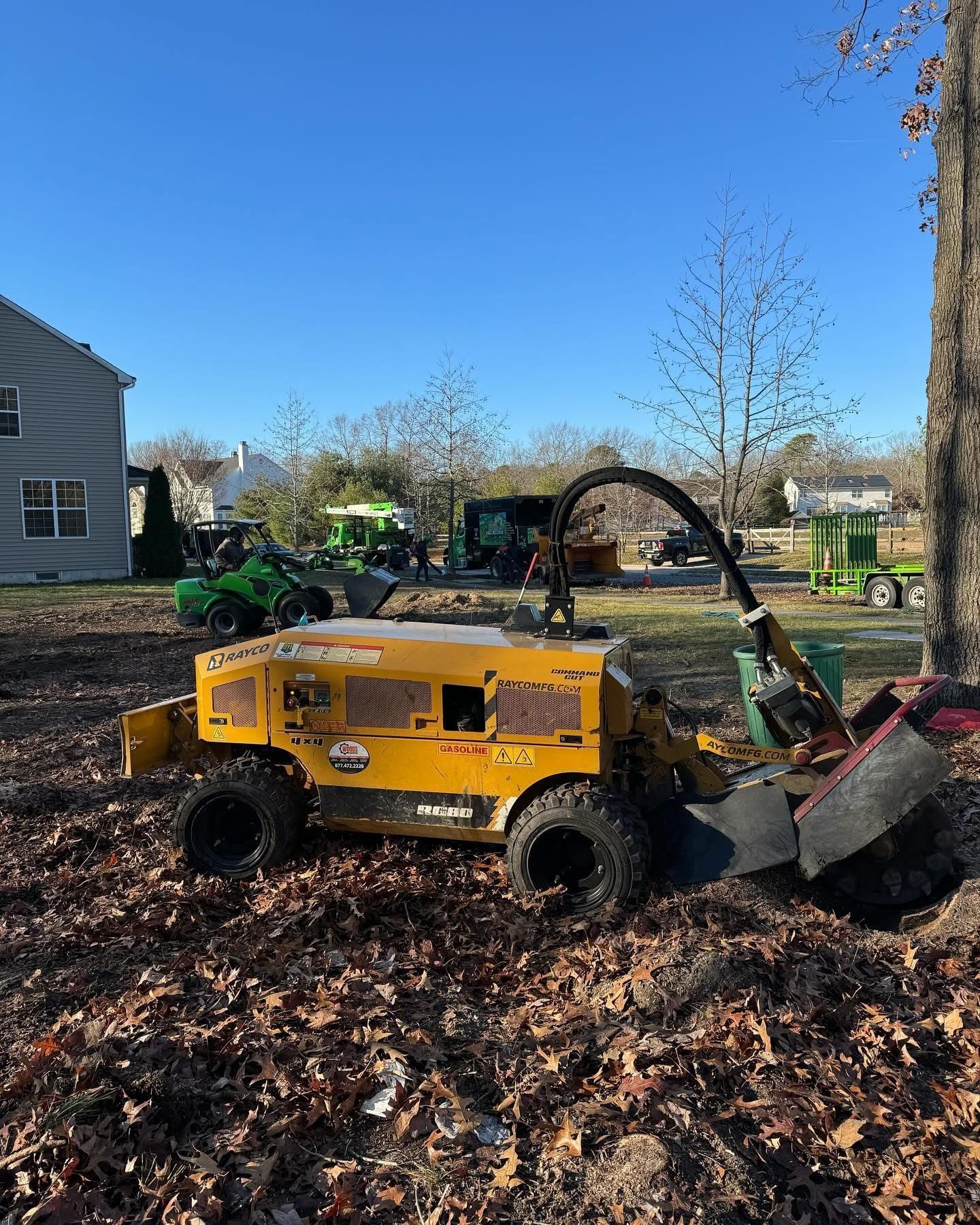 Yellow skid steer clearing leaves in a yard beside a house on a sunny day
