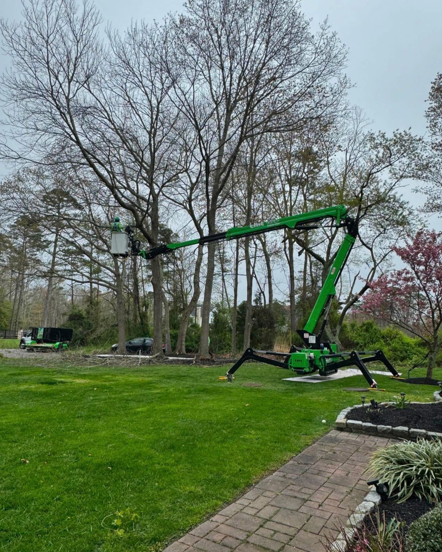 Green boom lift with bucket in a grassy park beside a brick path and trees under a gray sky