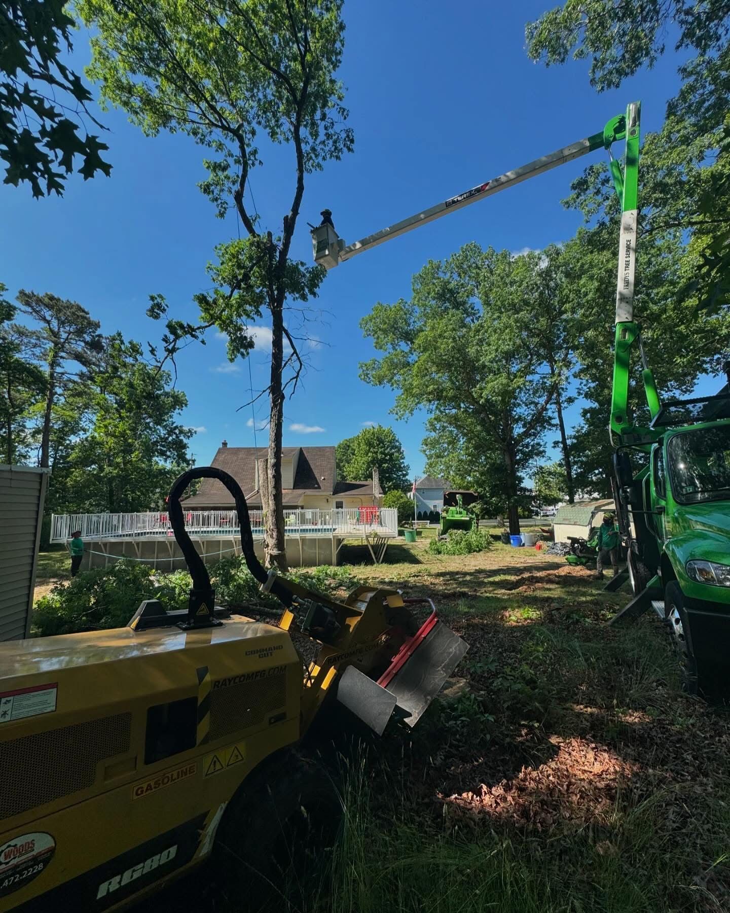Green crane lifting a bucket truck in a sunny wooded construction site