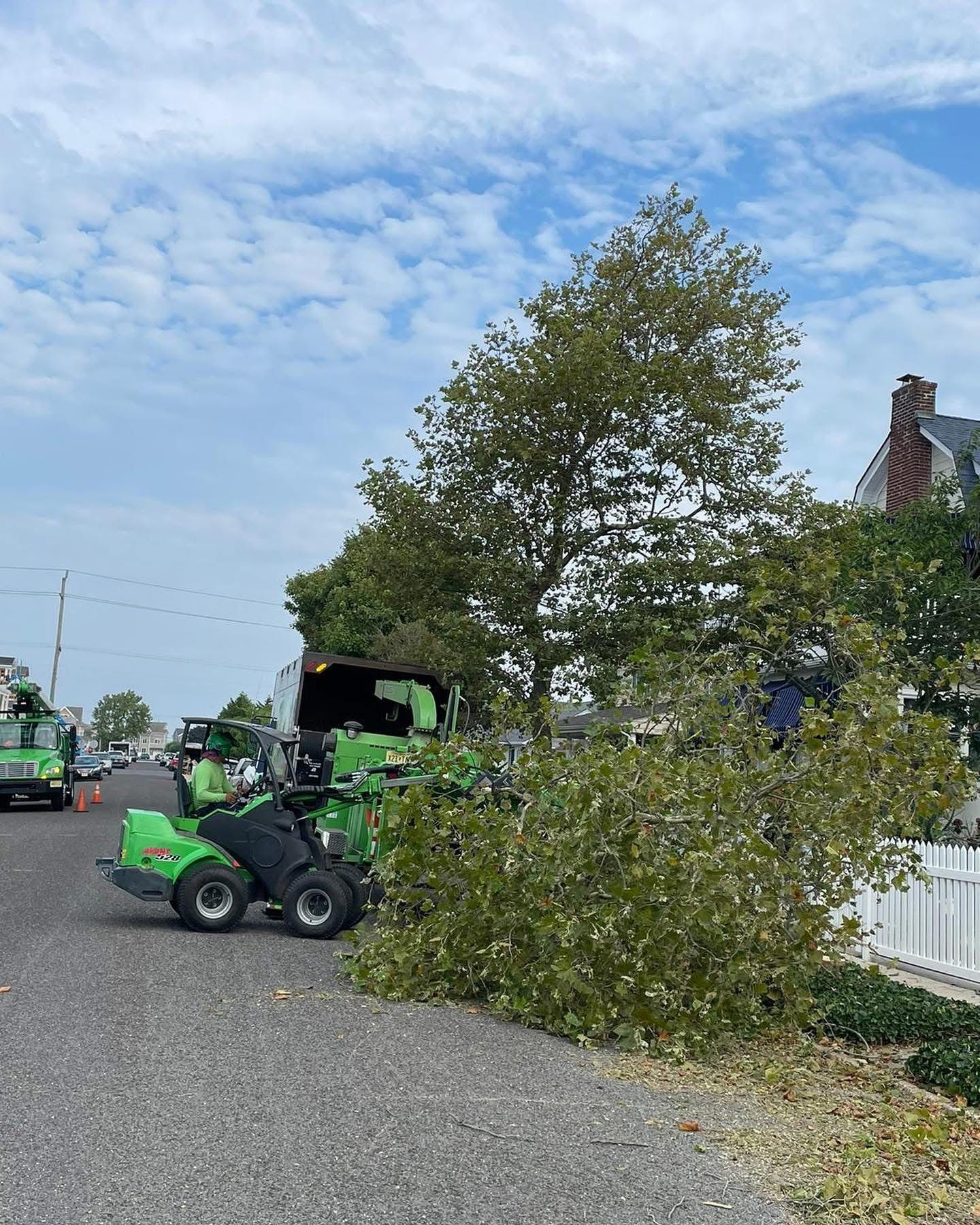 Green skid steer trimming a tree beside a white fence on a gravel driveway under a cloudy blue sky