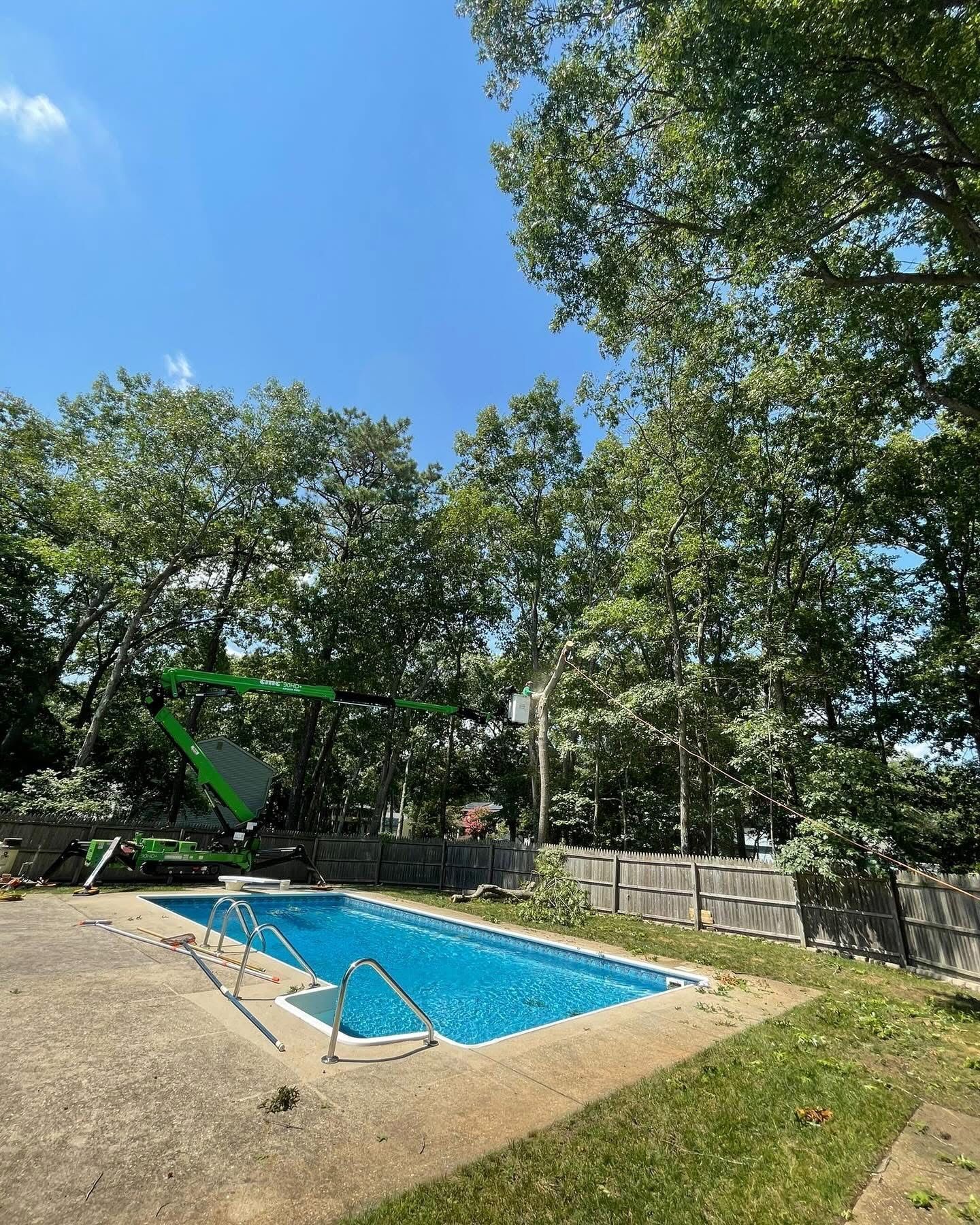 Backyard pool with green pool lift, lounge chair, trees, and a fenced yard under blue sky