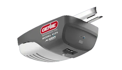 Genie garage door opener, Model 4124, gray, with control buttons and light.