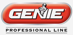 Genie logo: white text on a red oval with a silver outline. A cartoon genie stands above the word 