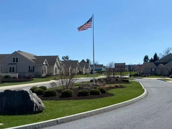 American flag waves atop a tall pole in a residential area, surrounded by landscaped greenery and homes.