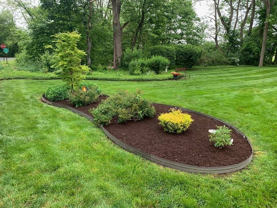 Flower bed in a lawn with various plants, outlined by a dark border and filled with brown mulch, green grass surrounds.